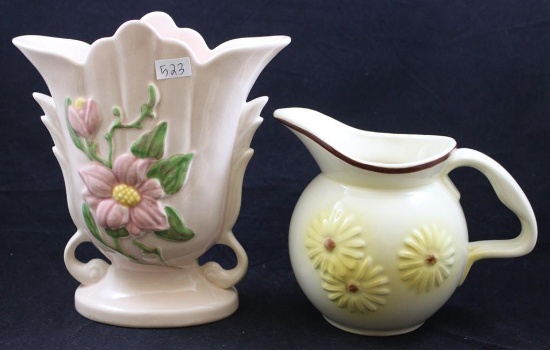 (2) Hull pcs.: Floral 46-6.5" 1 quart pitcher; Magnolia Pink Gloss H-8-8.5" vase