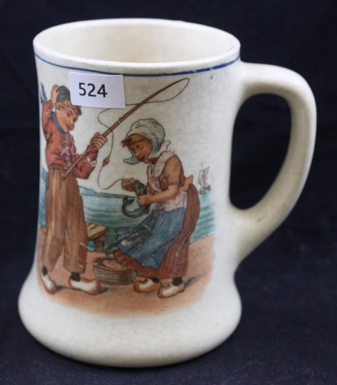 Roseville Creamware/Dutch 5" mug, children fishing