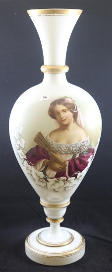 Victorian Portrait Bristol Glass 20.5"h vase, gold gilt and white leaves - Super colors!