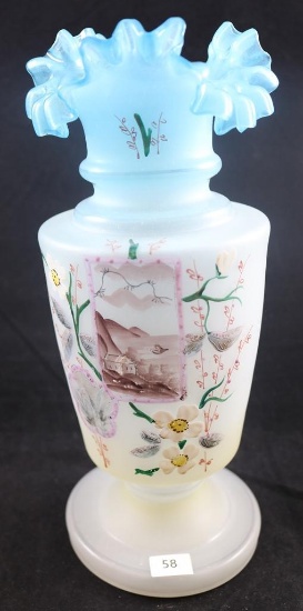 Victorian Bristol Glass 10"h vase with ruffled and crimped top rim, Landscape scene