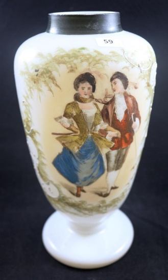 Victorian Scenic Bristol Glass 10"h vase, Courting couple and green leaves decoration
