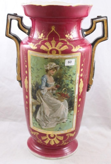 Hand Painted porcelain 13.5"h dbl. handled reddish vase, center features portrait of sitting woman