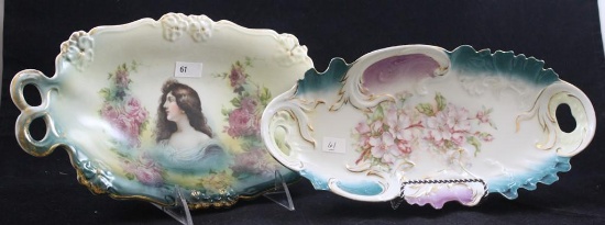 (2) Hand Painted celery trays: 1-decorated with white flowers, nice border mold in shades of