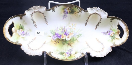 R.S. Prussia celery dish, 12"l x 6"w, purple and white flowers on cream with nice gold accents, red