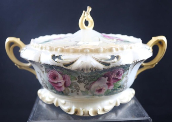R.S. Prussia Fleur-de-lys Mold 609 biscuit/cracker jar, pink and white roses on white, red mark