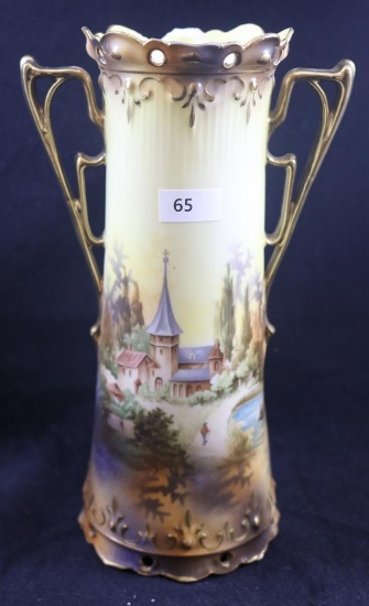 R.S. Prussia 9"h vase with dbl. handles, Castle scene on yellow and brown tones, red mark (top rim