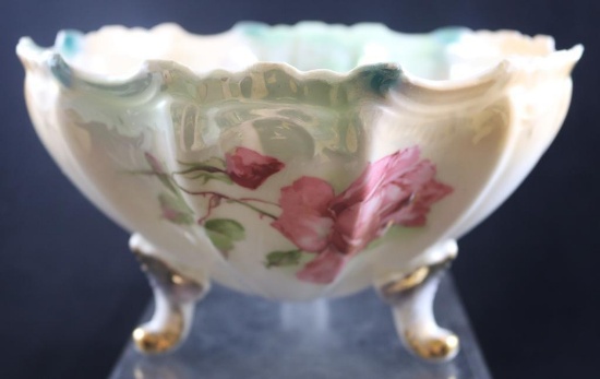 Hand Painted porcelain 3-ftd. deep bowl decorated with large pink roses, 5"h x 8.5"d