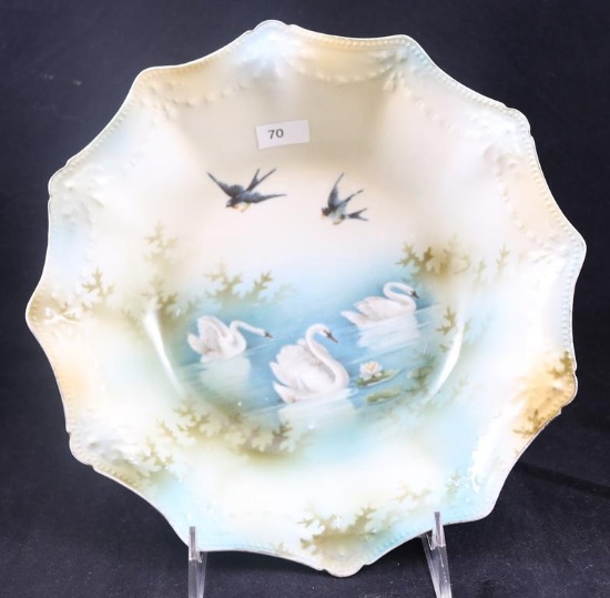 R.S. Prussia Mold 155 bowl, 9.25"d, Swans on Lake with Swallows, red mark
