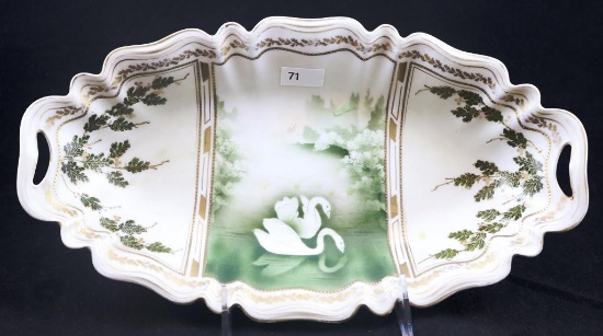 R.S. Prussia Mold 305 celery tray, 12"l x 6.5"w, Swans on Lake, matte finish, red mark
