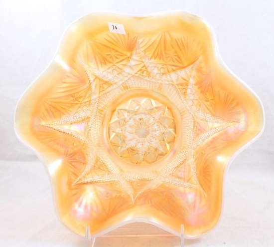Carnival Glass Dugan Ski Star/Compass 10.5"d x 4"h bowl, peach opalescent