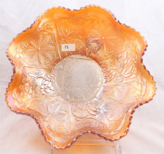 Carnival Glass Fenton Water Lily ftd. master berry bowl, 9.5"d x 3.5"h, marigold