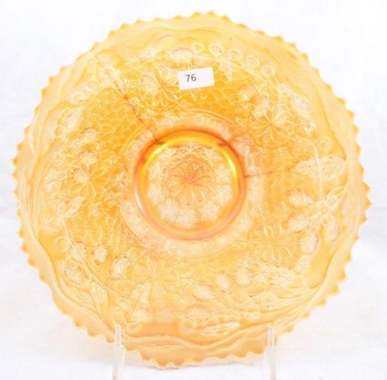 Carnival Glass Fenton Leaf Chain/Bearded Berry 9.25"d plate, marigold