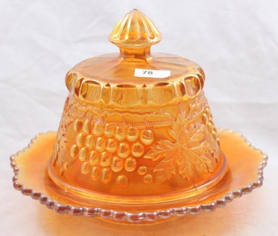 Carnival Glass Northwood Grape and Cable covered butter dish, marigold