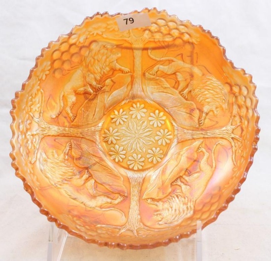 Carnival Glass Fenton Lions/Berry and Leaf Circle 6.5"d bowl, marigold