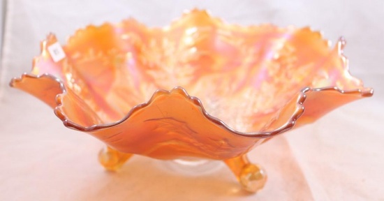 Carnival Glass Fenton Stag and Holly 11"d x 4.5"h ruffled and footed bowl, marigold