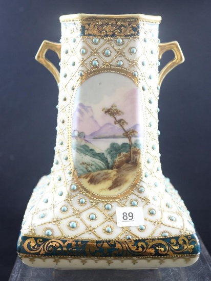 Mrkd. Nippon 7"h dbl. handled vase, square-shaped, landscape scene with lots of gold accents and