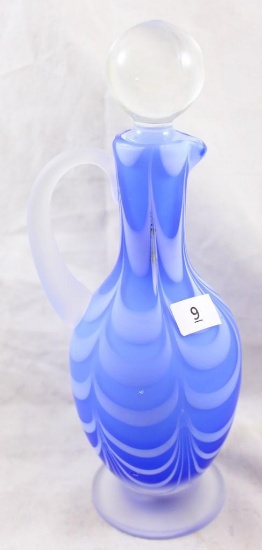 Nailsea blue and white satin glass 8.5"h cruet, Swag or Drapery pattern