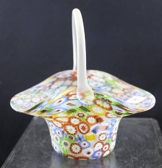 Millefiori small basket with frosted applied handle, 5.5" to top of handle