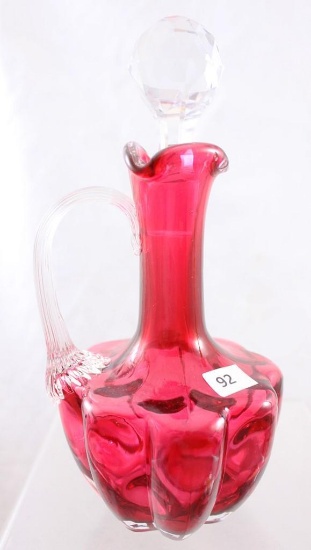 Cranberry 8"h cruet, clear applied handle and stopper (stopper has no see chips)