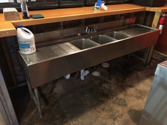 Stainless Steel 7' wide 3-compartment wash sink w/ drying racks on both sid