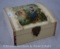 Celluloid dresser box, 2 women in garden scenic lid, 5.5