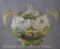 R.S. Prussia Sunflower mold sugar pot with lid, floral (small repair to 1 foot)