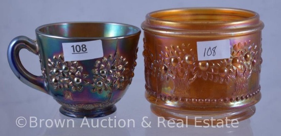 (2) Carnival Glass Orange Tree pieces: marigold powder jar (missing lid) and cobalt punch cup