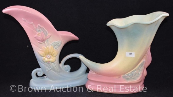 (2) Hull pottery cornucopias: Magnolia 19-8.5"; Calla Lily 570/33-8"