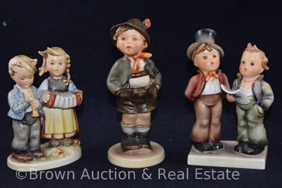 (3) Hummel figurines, 4.5"-5.5" tall, various 50's marks (2 have damage, one on hat and other on