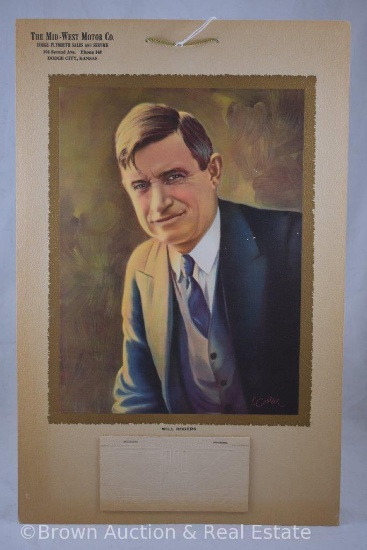 Will Rogers cardboard 1936 advertising calendar, Dodge-Plymouth Sales, Dodge City, KS, 17" x 11"
