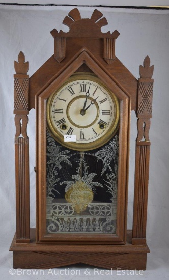 Ansonia wooden kitchen mantel clock (repaired), 21" tall, stencilling on glass door