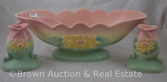 Hull Water Lily Console Set: L-21-13.5" console bowl and (2) L-22-5"candleholders, cream/rose/green