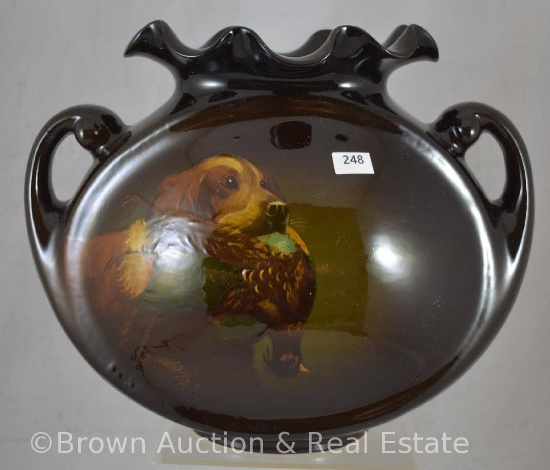 Roseville Rozane 9.5" pillow vase, dog with bird scene, Timberlake - great piece!