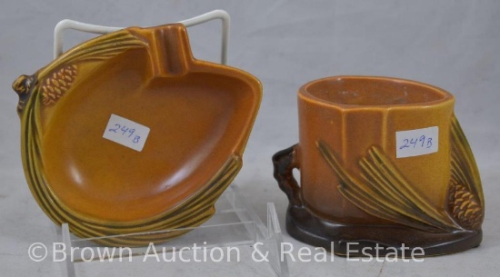 (2) Roseville brown Pine Cone pieces: #499 ash tray; #498 match stick holder