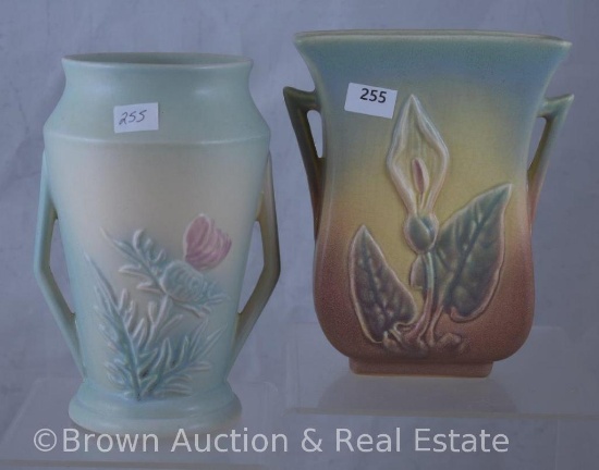 (2) Hull pottery vases: Calla Lily 500-33-6"; Thistle 51-6", blue