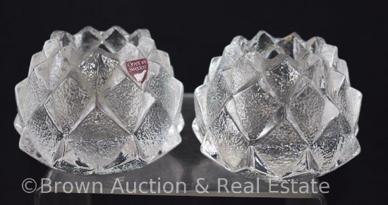 Pr. Orrefors Sweden Artichoke Crystal votive candleholders, paper label