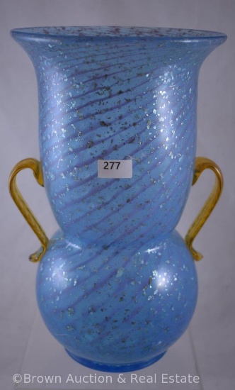 Mrkd. Czechoslovakia 10.5"h vase, swirled blue pattern with silver mica flecks and dbl. amber