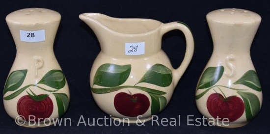 Watt Apple pottery pcs.: 4.5"h pitcher/creamer, 4.5" salt and pepper shakers