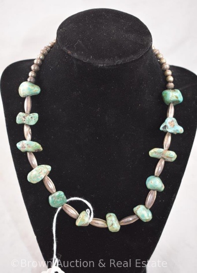 Native American Silver and turquoise nugget shell necklace