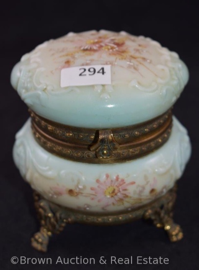 Mrkd. Wavecrest 4"h lt. blue and white dresser box, pink flowers, fancy gold gilt ftd. base and