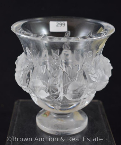 Signed Lalique France Dampierre 4.75"h vase, frosted birds on crystal bowl, paper labels