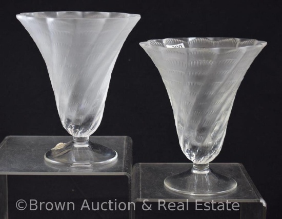 Pr. Lalique France frosted glass/pedestal base 6"h fluted vases with scalloped edge, paper label
