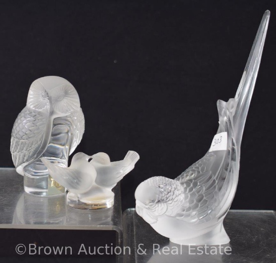 (3) Lalique France figurines: 3.5"h Owl; bird with tail up; 1.5"h Love birds