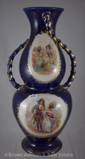 Mrkd. Royal Faience 13"h cobalt vase, Victorian courting couple scenes