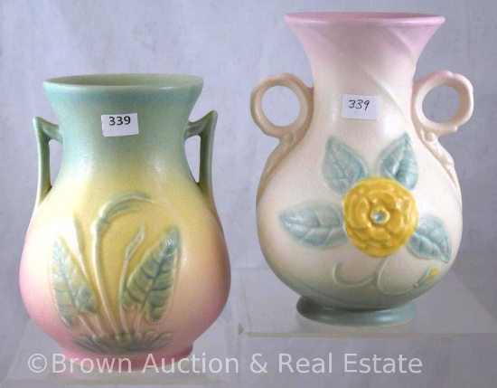 (2) Hull vases: Open Rose 135-6" vase, pink/cream; Calla Lily 6" vase, pink/green