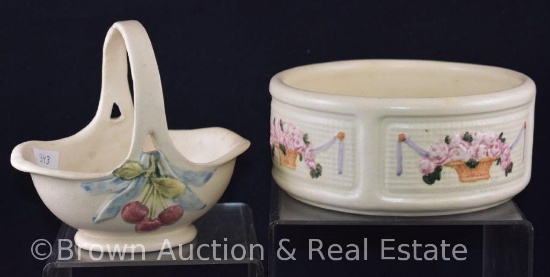 (2) Weller pieces: DuPont 3"h x 6"d bowl & Roma basket (hairline on handle)