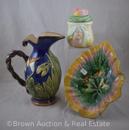 (3) Majolica pieces: 8.5"h cobalt pitcher; 4.5"h box with lid; Leaf bowl