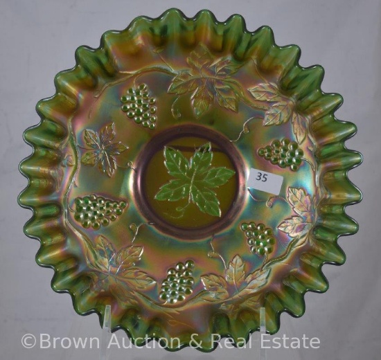 Carnival Glass Vintage Leaf 8.5"d bowl, candy ribbon edge, green