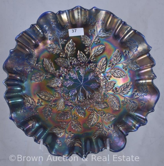 Carnival Glass Holly 9.25"d bowl, 3-in-1 edge, cobalt
