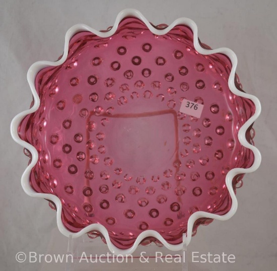 Hobbs Bruckunier Cranberry Hobnail bowl with opaque trim, 8"d x 3"h